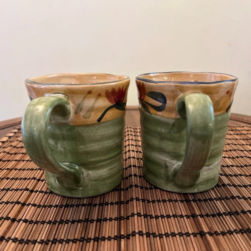 Two Pier 1 ELIZABETH Hand Painted Stoneware Coffee Mugs Green Swirl Flowers 16oz